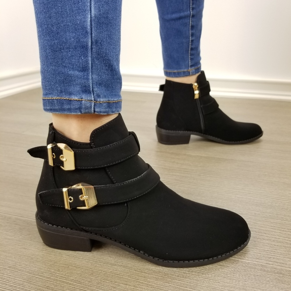 Black Vegan Nubuck Double Buckle Ankle Boots-FF - Picture 3 of 8